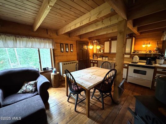 Dining room, Interior, Kitchen, Pendant Lights, Wooden Beams, Wooden Ceilings, Wood Texture Flooring, Wooden Walls