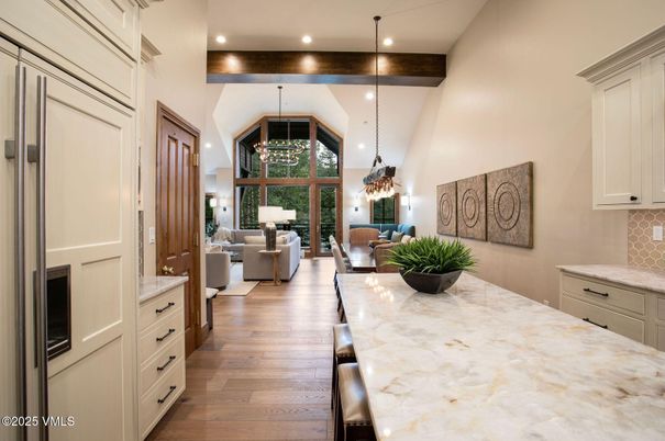Chandelier, Dining room, Interior, Living room, Pendant Lights, Recessed Lighting, Wooden Beams, Wood Texture Flooring