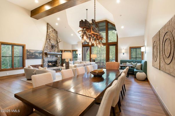 Dining room, Fireplace, Interior, Living room, Pendant Lights, Recessed Lighting, Wooden Beams, Wood Texture Flooring