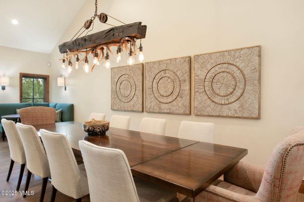 Dining room, Interior, Pendant Lights, Recessed Lighting, Wood Texture Flooring