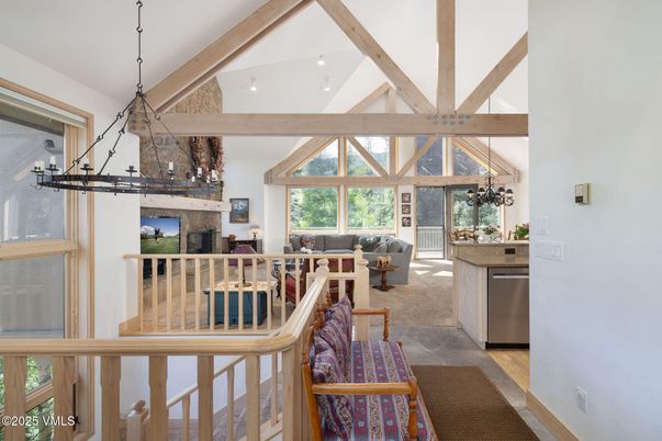 Fireplace, Interior, Living room, Pendant Lights, Recessed Lighting, Wooden Beams