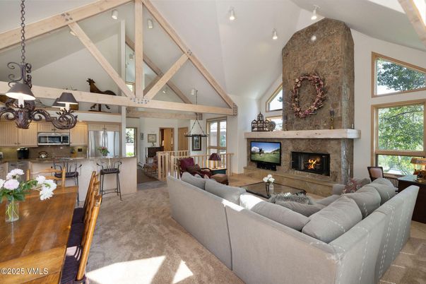 Chandelier, Dining room, Fireplace, Interior, Kitchen, Living room, Pendant Lights, Recessed Lighting, Wooden Beams