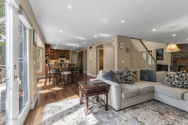Dining room, Interior, Kitchen, Living room, Recessed Lighting, Wood Texture Flooring