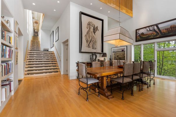 Dining room, Interior, Pendant Lights, Recessed Lighting, Wood Texture Flooring