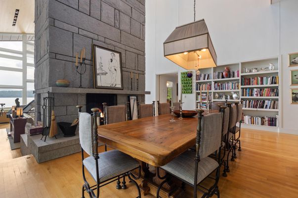 Dining room, Fireplace, Interior, Pendant Lights, Stone Walls, Wood Texture Flooring