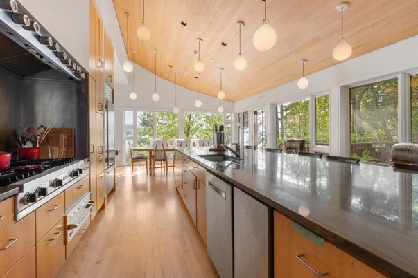 Dining room, Interior, Kitchen, Pendant Lights, Wooden Ceilings, Wood Texture Flooring