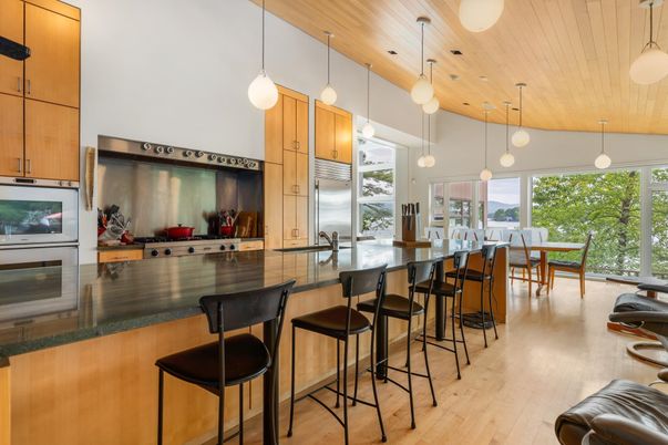 Dining room, Interior, Kitchen, Pendant Lights, Stainless Steel Appliances, Wooden Ceilings, Wood Texture Flooring