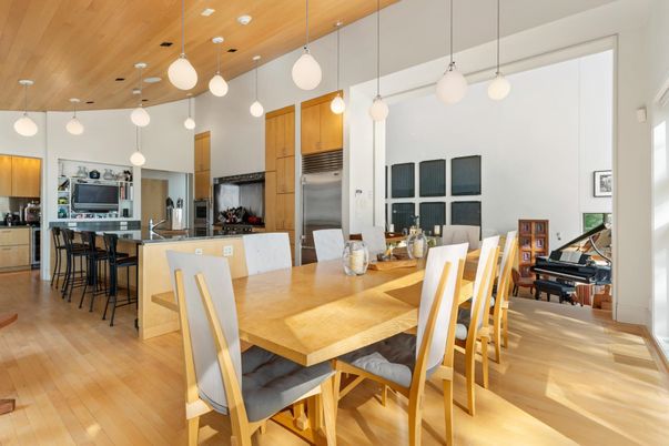 Dining room, Interior, Kitchen, Pendant Lights, Piano, Wooden Ceilings, Wood Texture Flooring