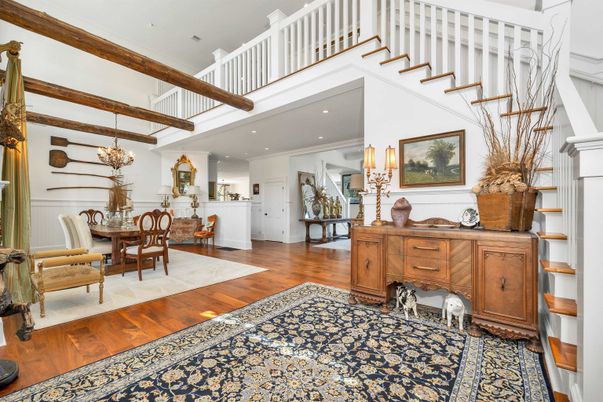 Chandelier, Dining room, Interior, Recessed Lighting, Wooden Beams, Wood Texture Flooring