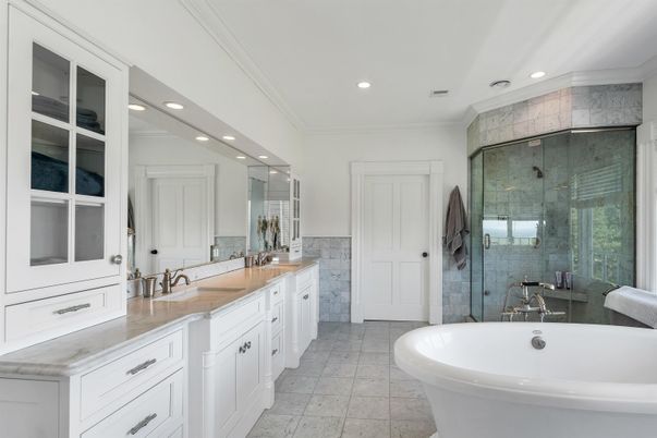 Bathroom, Dual Sink Vanities, Free Standing Baths, Glass Shower, Interior, Recessed Lighting