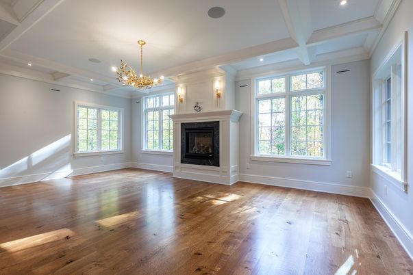 Chandelier, Empty room, Fireplace, Interior, Recessed Lighting, Wood Texture Flooring