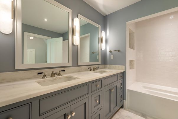 Bathroom, Dual Sink Vanities, Interior, Marble, Recessed Lighting