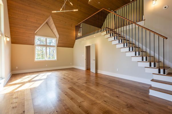 Empty room, Interior, Pendant Lights, Recessed Lighting, Wooden Ceilings, Wood Texture Flooring