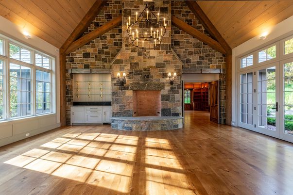 Chandelier, Empty room, Fireplace, Interior, Stone Walls, Wooden Beams, Wooden Ceilings, Wood Texture Flooring