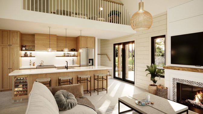 Fireplace, Interior, Kitchen, Living room, Pendant Lights