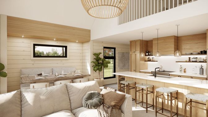 Interior, Kitchen, Living room, Pendant Lights, Recessed Lighting, Wooden Walls