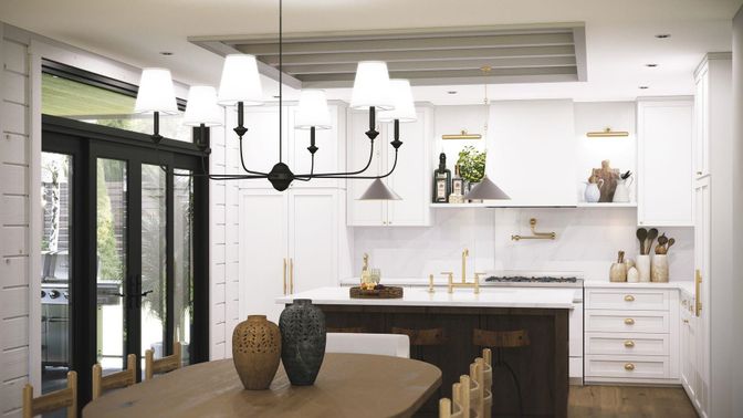 Chandelier, Interior, Kitchen, Pendant Lights, Recessed Lighting, Stainless Steel Appliances, Wood Texture Flooring