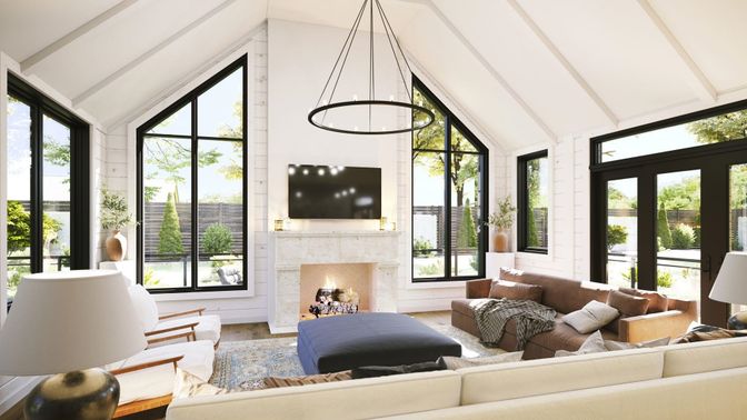 Fireplace, Interior, Living room, Pendant Lights, Wood Texture Flooring