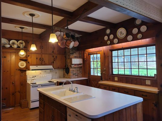 Interior, Kitchen, Pendant Lights, Wooden Beams, Wood Texture Flooring