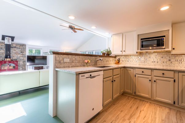 Interior, Kitchen, Recessed Lighting, Stone Walls, Wood Texture Flooring