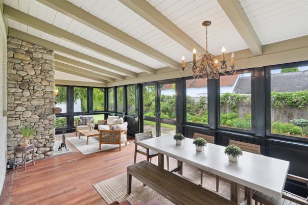 Chandelier, Dining room, Interior, Living room, Stone Walls, Wood Texture Flooring