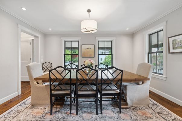 Dining room, Interior, Recessed Lighting, Wood Texture Flooring