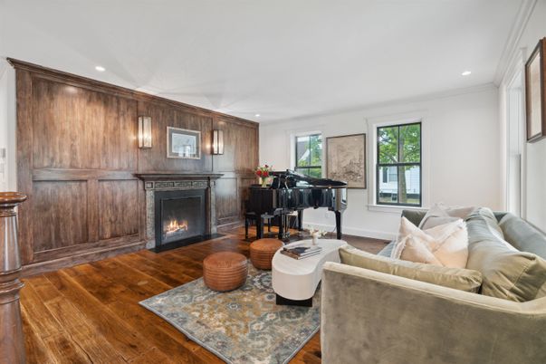 Fireplace, Interior, Living room, Piano, Recessed Lighting, Wood Texture Flooring, Wooden Walls