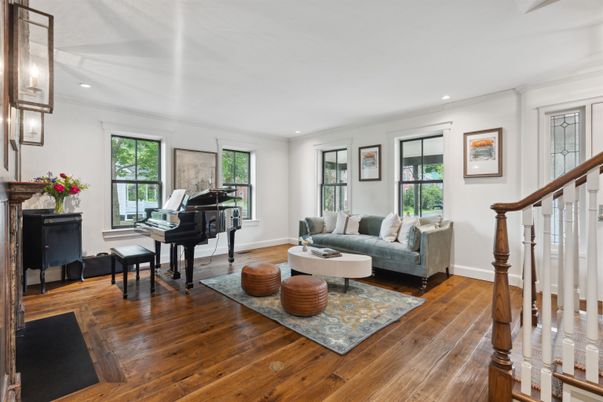 Fireplace, Interior, Living room, Piano, Recessed Lighting, Wood Texture Flooring