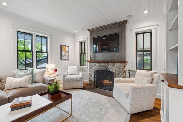 Fireplace, Interior, Living room, Recessed Lighting, Wood Texture Flooring