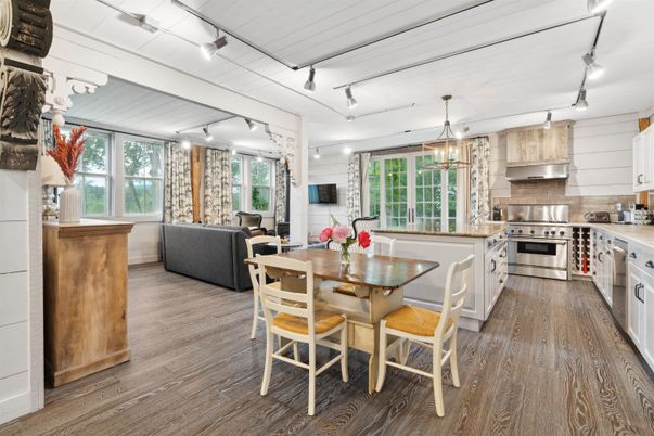 Dining room, Interior, Kitchen, Living room, Pendant Lights, Stainless Steel Appliances, Wood Texture Flooring