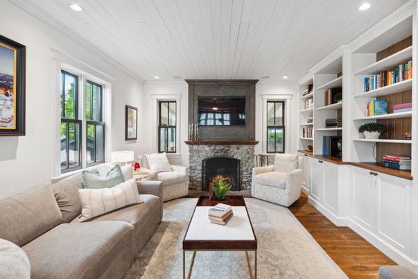 Fireplace, Interior, Living room, Recessed Lighting, Wood Texture Flooring