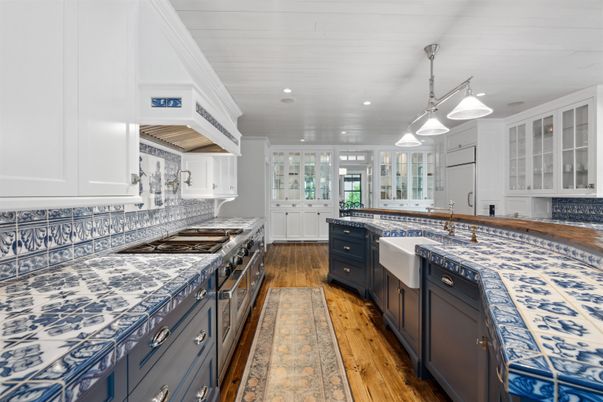 Interior, Kitchen, Pendant Lights, Recessed Lighting, Tile Countertops, Wood Texture Flooring
