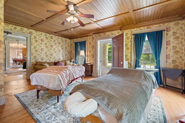Bedroom, Chandelier, Interior, Wooden Beams, Wooden Ceilings, Wood Texture Flooring