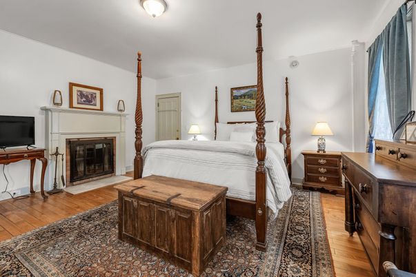 Bedroom, Fireplace, Interior, Wood Texture Flooring