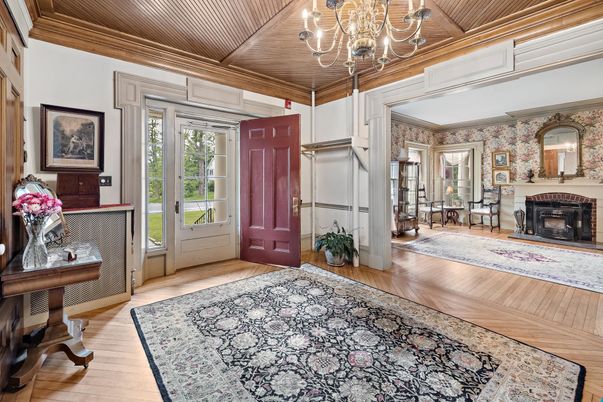 Chandelier, Fireplace, Interior, Wooden Ceilings, Wood Texture Flooring