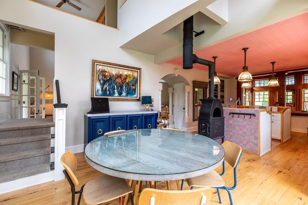 Dining room, Fireplace, Interior, Kitchen, Pendant Lights, Wood Texture Flooring