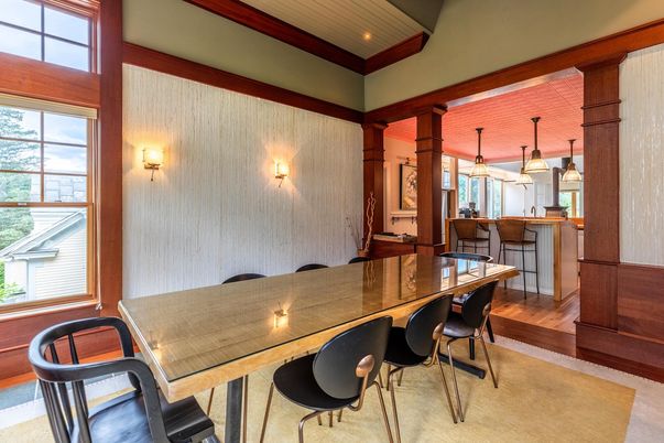 Dining room, Interior, Kitchen, Pendant Lights, Recessed Lighting, Wood Texture Flooring