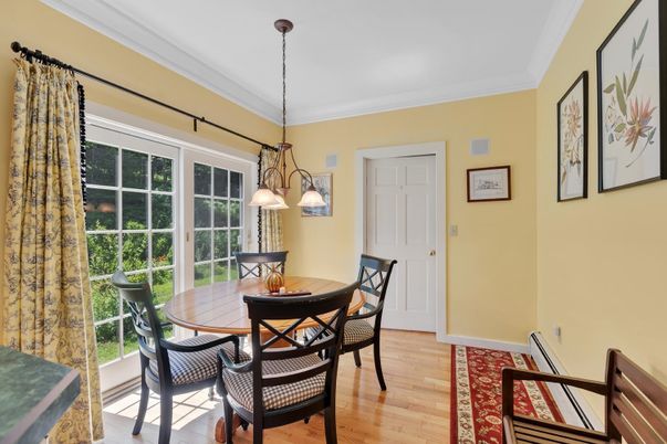 Dining room, Interior, Pendant Lights, Wood Texture Flooring