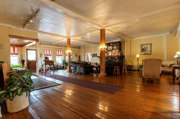 Dining room, Fireplace, Interior, Living room, Pendant Lights, Piano, Wood Texture Flooring