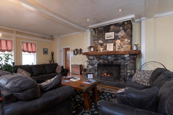 Fireplace, Interior, Living room, Recessed Lighting, Stone Walls