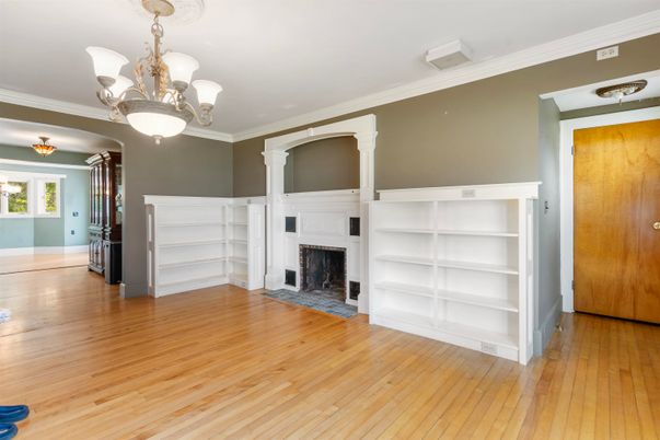 Chandelier, Empty room, Fireplace, Interior, Wood Texture Flooring