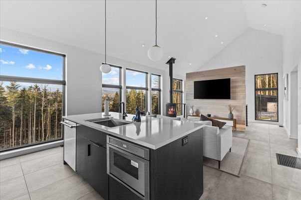 Fireplace, Interior, Kitchen, Living room, Pendant Lights, Recessed Lighting