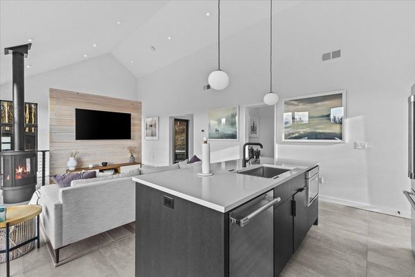 Fireplace, Interior, Kitchen, Living room, Pendant Lights, Recessed Lighting