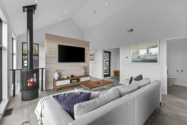 Fireplace, Interior, Living room, Recessed Lighting, Wood Texture Flooring