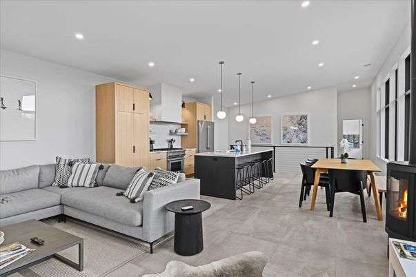 Dining room, Fireplace, Interior, Kitchen, Living room, Pendant Lights, Recessed Lighting, Stainless Steel Appliances