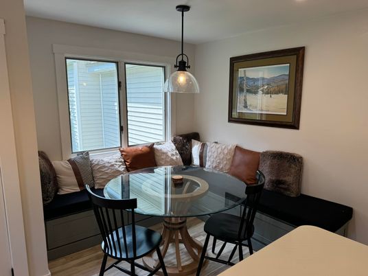 Dining room, Interior, Pendant Lights, Wood Texture Flooring