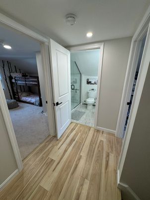 Bathroom, Glass Shower, Interior, Marble, Recessed Lighting, Wood Texture Flooring