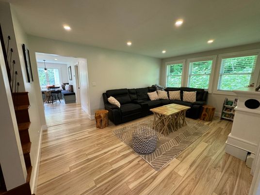 Dining room, Interior, Living room, Pendant Lights, Recessed Lighting, Wood Texture Flooring