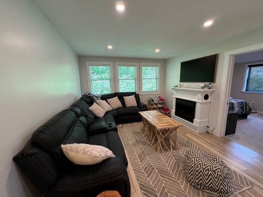 Fireplace, Interior, Living room, Recessed Lighting, Wood Texture Flooring