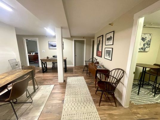 Dining room, Interior, Recessed Lighting, Wood Texture Flooring